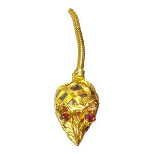 Vintage 1960's Gold Tone Mouse Pin Red Rhinestone Eyes Woven Body w/ Moving Tail